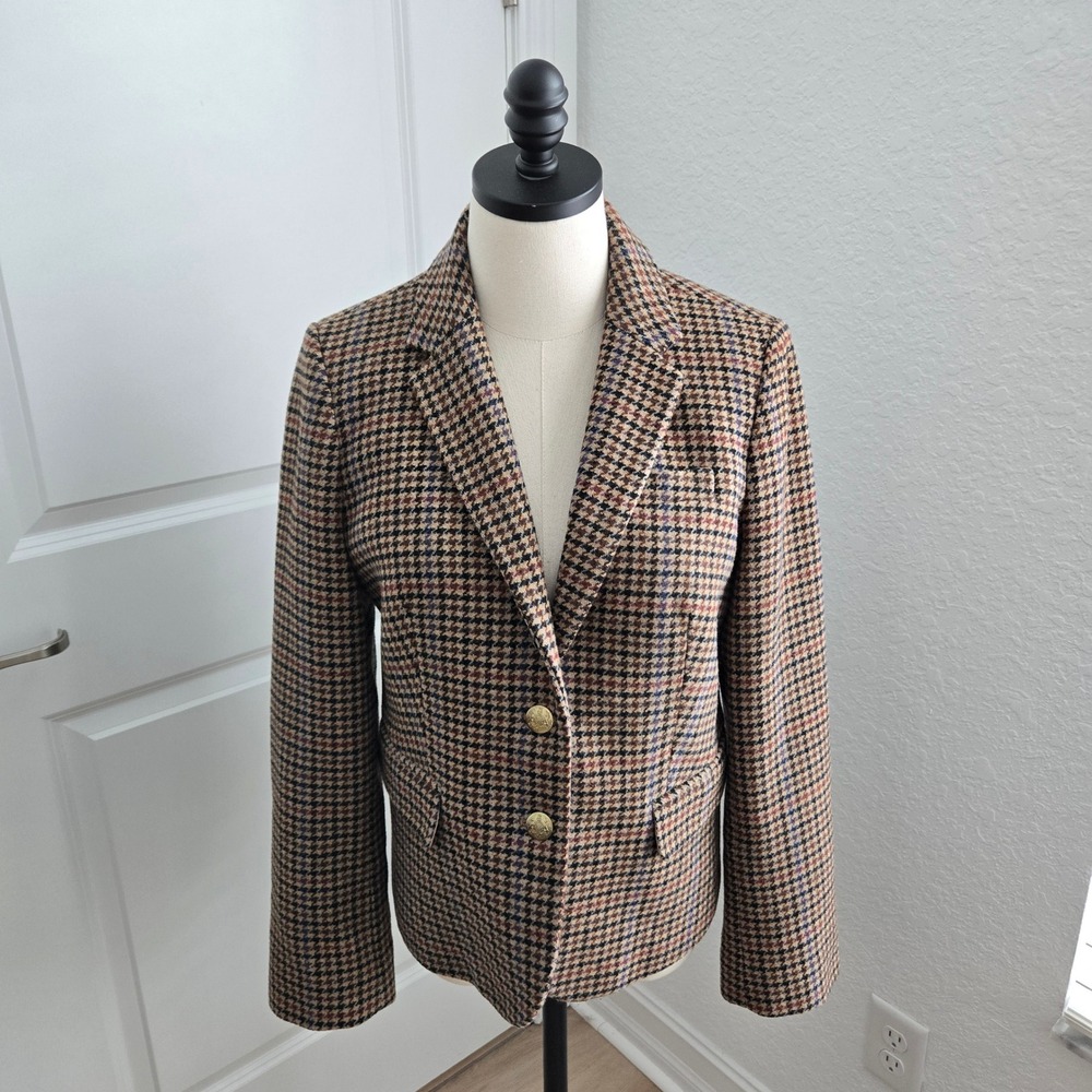 J.Crew Schoolboy Brown Houndstooth Wool Blend Blazer BA906 Size 10 - Picture 2 of 8